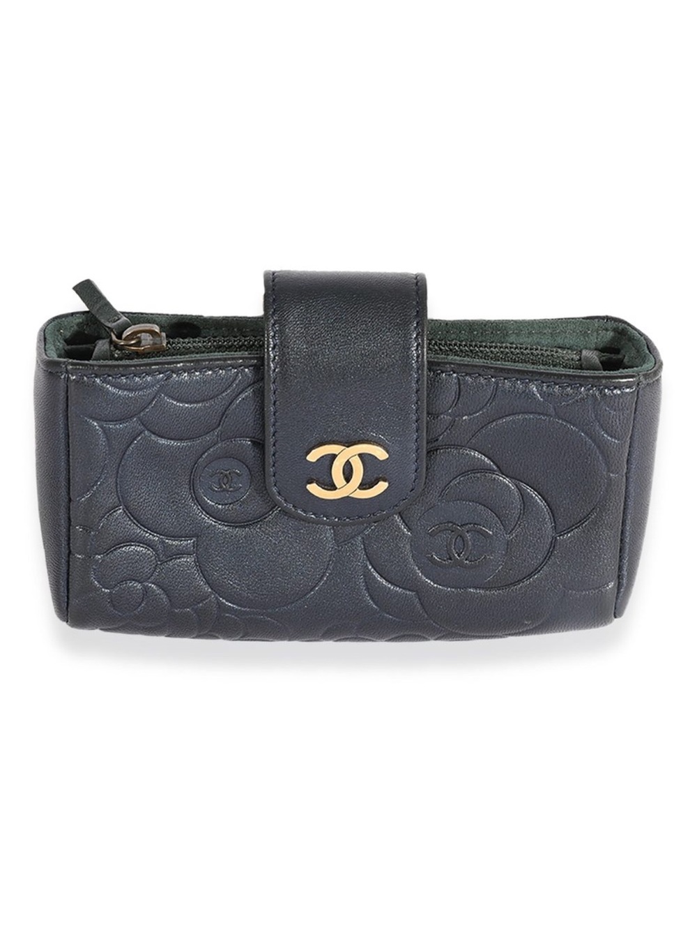 CHANEL Black Camellia-O Quilted Leather Key Pouch with Gold CC
